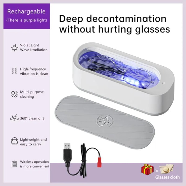 Högfrekvent vibrationsglasögonrengöring USB -laddning Lila Ljus Sterilisering Rengöringsmaskin Glasögon Smycken Sminkborste WHITE