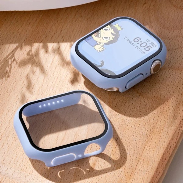 Härdat glas+ cover för Apple Watch Case Tillbehör 45 mm 41 mm 42 mm 38 mm PC- cover iWatch 6 5 4 se 44 mm 40 mm Ice Blue 7 Series 654 SE 40MM