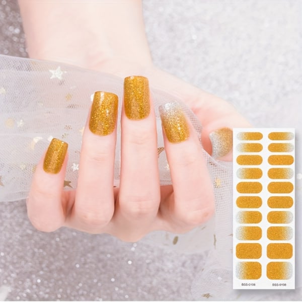Halvhärdade Gel Nail Stirps, Långvarig & Salongkvalitet, Lätt att applicera och ta bort, Inkluderar nagelfil och träpinnar, Gradient och Glitter Design BSS-0111 Glitter Orange