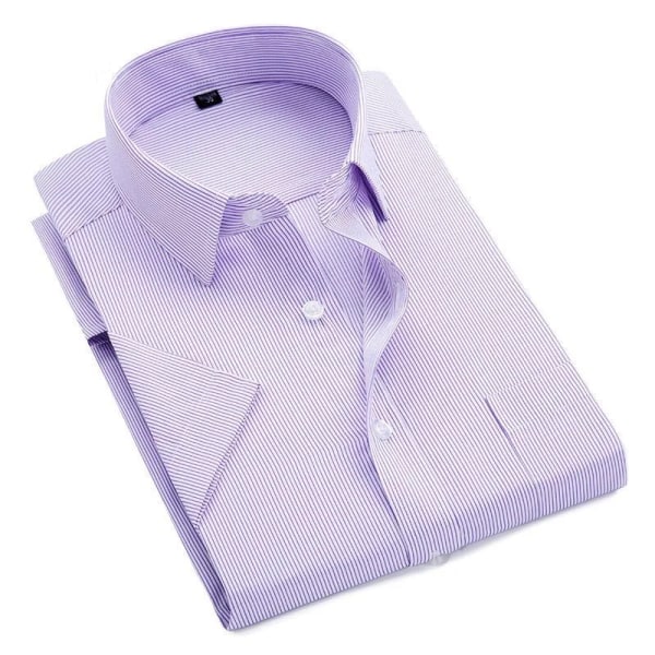 Plus Size 9XL Ny högkvalitativ, icke-strykningsfri herrskjorta sommarkortärmad solid herrkläder Normal passform affärsskjortor Purple Stripe 39-L