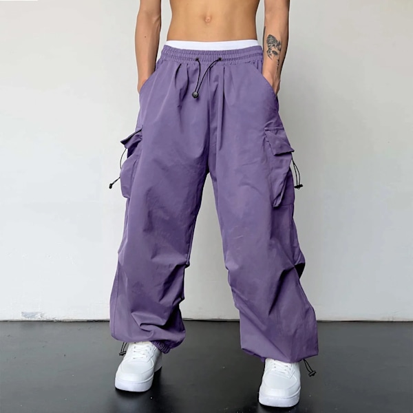 Fraktbyxor Män Harajuku Överdimensionerad Streetwear Hip Hop Bred Ben Joggers Baggy Byxor Solid Elastisk Midja Multi Po Byxor Purple M