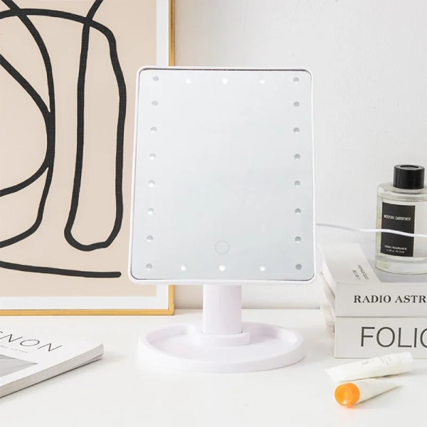 1 st LED skrivbords nattlampa sminkspegel skrivbord 360 graders roterande förvaring beröringskänslig sminkspegel White 22 light