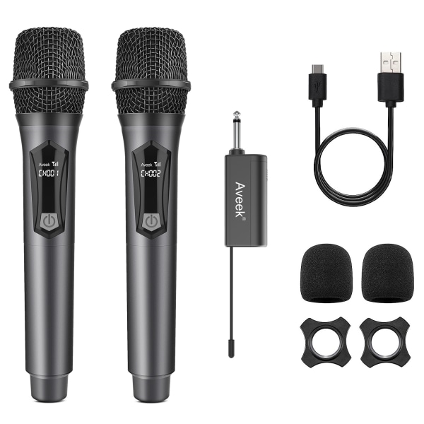Aveek trådlös mikrofon, handhållet dynamiskt mikrofonsystem med uppladdningsbar mottagare (arbetar 6 timmar), för karaoke, sång, fest, bröllop, DJ, tal grey