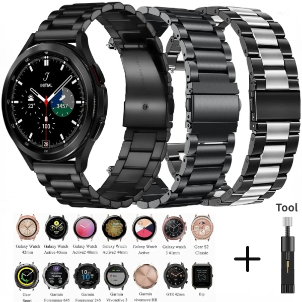 Metallarmband för Samsung Galaxy watch 3 4 5 Amazfit GTR Watch av hög kvalitet i rostfritt stål för Huawei Watch GT 2/3 Pro Black silver 20mm Watch Band