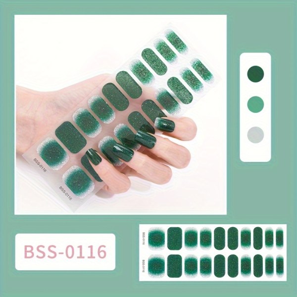 Halvhärdade Gel Nail Stirps, Långvarig & Salongkvalitet, Lätt att applicera och ta bort, Inkluderar nagelfil och träpinnar, Gradient och Glitter Design BSS-0116 Glitter Dark Green