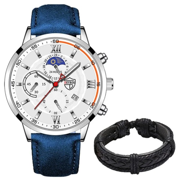 2ST Set Mode Herr Sportklockor Man Business Läderarmband Quartz Watch Lyx Herr Casual Luminous Clock Reloj Hombre Blue Silver