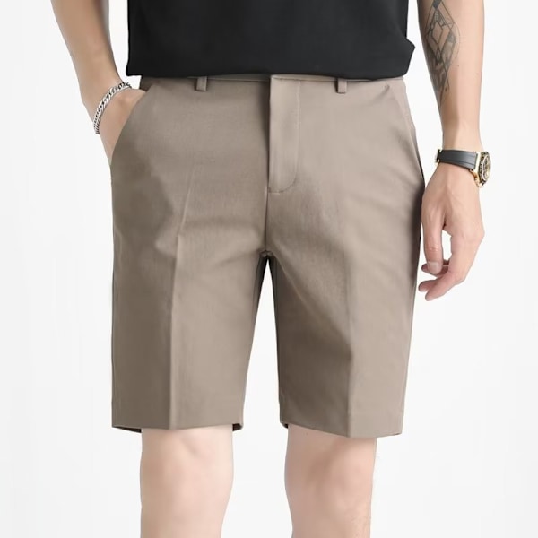 Shorts Mäns Kostym Fem Punkts Byxor Lös Klänning Byxor Sommar Tunn Koreansk Version Av Trend Ice Silk Vit 5 Punkt Case Byxor Brown 33