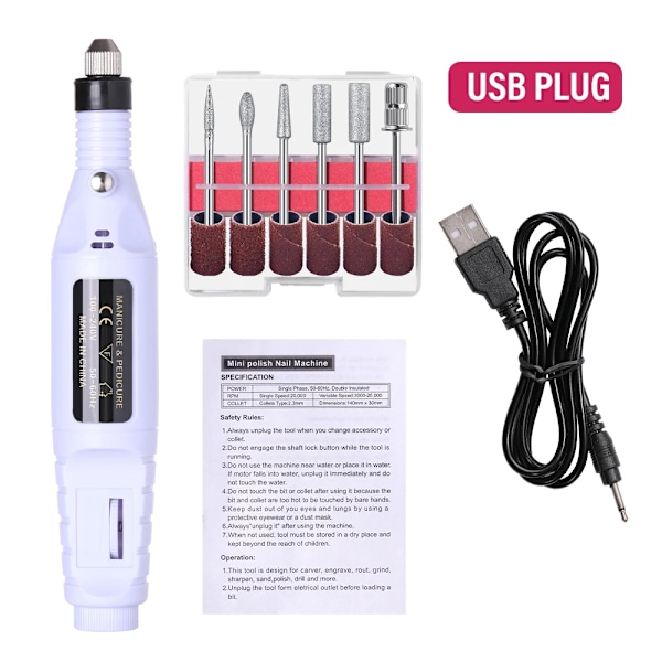 Lulaa Usb Bärbar Elektrisk Nagel Sander Nagelborrmaskin Fräsmaskin För Manikyr Set Gel Polska Remover Satser White a