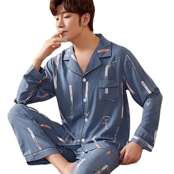 2022 Nya Mäns Vår Höst Lång Ärm Pyjamas Set Cardigan Koreansk Stil Tunn Hemwear Byxor Kostym Leaf L