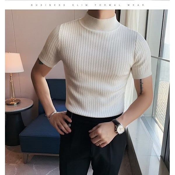 Sommer Casual Halv ærme Pullover Sweater Rund Hals Ny Kort ærme T-shirt Tencel Lille Turtleneckl Trøje Til Mænd Black XXL