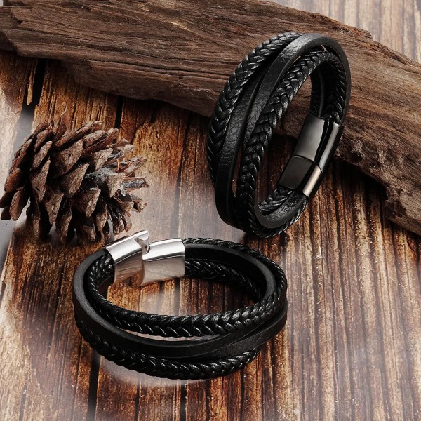 Mode Enkel design Flerlagers läderrep Handvävt 316L magnetarmband i rostfritt stål Herrsmycken black 17cm