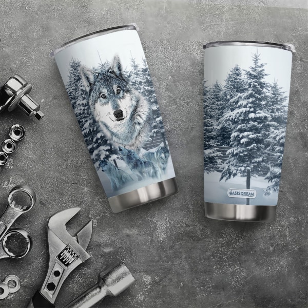 1 st 20 oz Snow Wolf Tumbler Cup, isolerad resekaffemugg med lock Rostfritt stål dubbelvägg vakuum Vakuumisolerad kolv vattenkopp