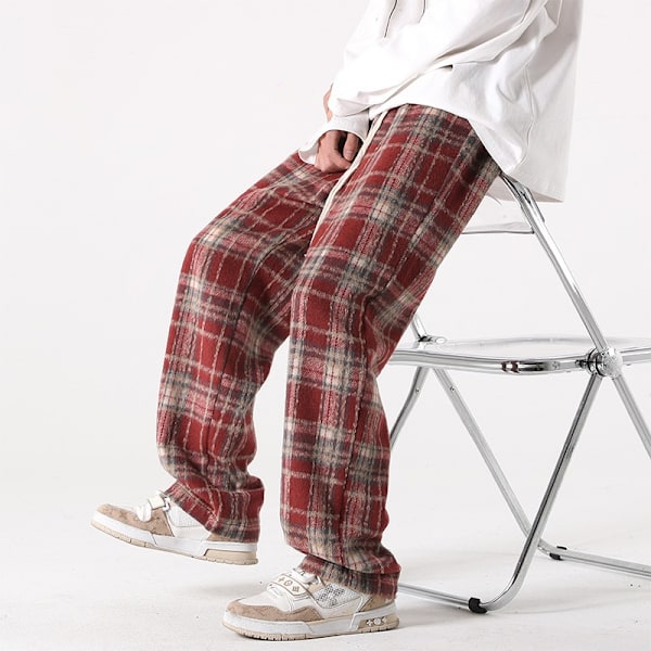 American Retro Plaid Byxor Mäns Höst Och Vinter Förtjockad Rakt Lös Mode Varumärke Drape Brett Ben Casual Byxor Tid Red XXL