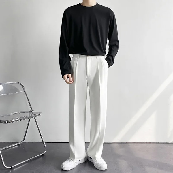 2024 Nya Män Vita Raka Byxor Mode Koreanska Lös Kostym Byxor Casual Draped Baggy Vit Bred Pant Male Streetwear WHITE 34