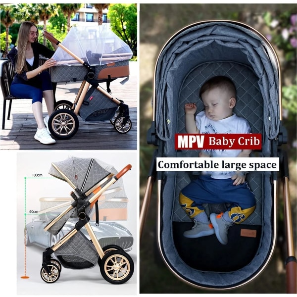 Lyxig baby 3 i 1 bärbar baby hopfällbara barnvagnar hög landskap aluminiumram bil för nyfödd baby 3 in 1 black