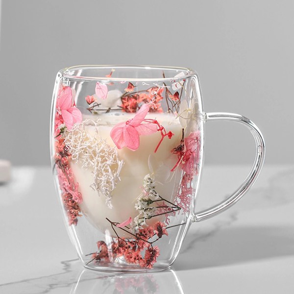 350 ml Kreativ Dobbelt Glas med Ægte Blomster Høj Udseende Niveau Fuld Stjerne Tørrede Blomster Mælk Kaffe Glas Husholdningskop Forbrugsvarer Pink A 350ml