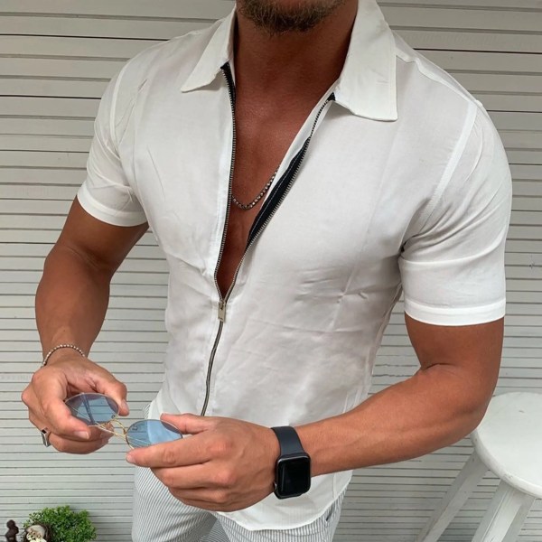 Lätta företagskontor för män Casual Kortärmad skjorta med dragkedja Slim Fit Enfärgad kavajkofta Mode Toppar Gray M