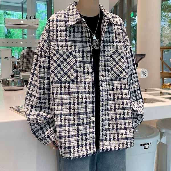Hong Kong Style Japanska Style Plaid Lång Ärm Skjorta Män Trendig Casual Skjortjacka Våren Och Hösten Mode Märker Wooler N Rock För Män Blue M