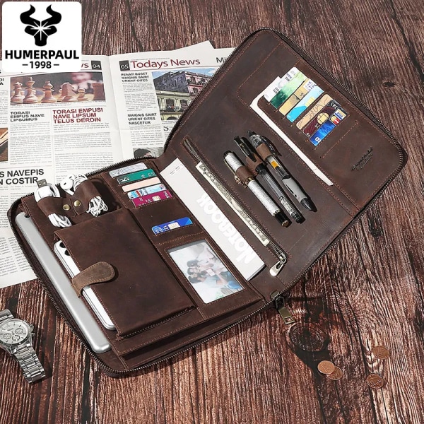 Läder män 9,7 tum Ipad-väska Business Portfolio- case för iPad Multifunktionell koppling med pennhållare Bärbar kvalitetsportfölj brown