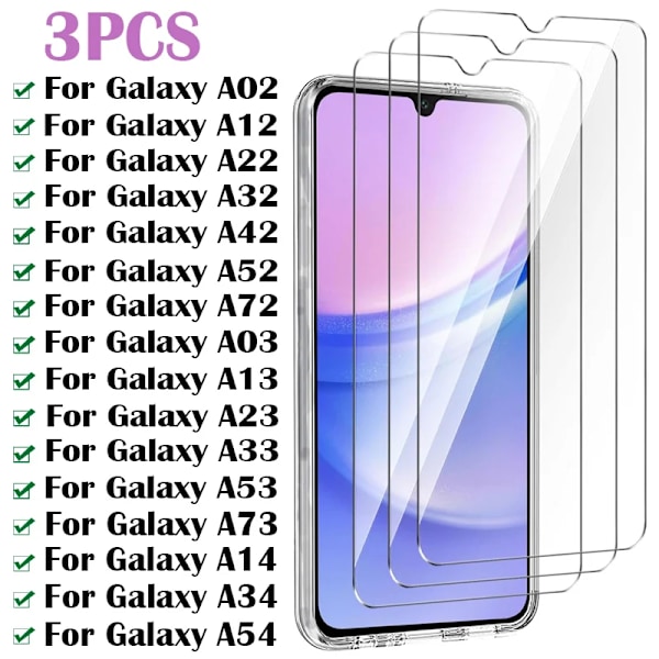 3Pcs Härdat Glas För Samsung Galaxy A52 A53 A54 A34 A14 Skärmskydd För Samsung A13 A03 S A12 A22 A32 A72 A02 A23 A33 A73 For A24 Glass