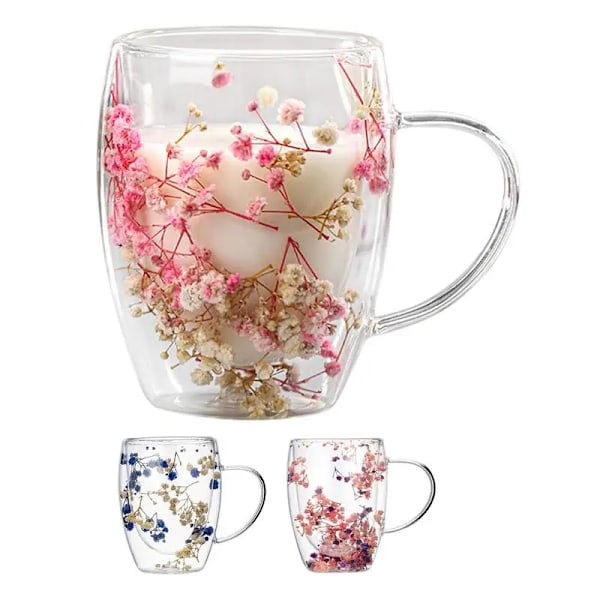 350 ml Kreativ Dobbelt Glas med Ægte Blomster Høj Udseende Niveau Fuld Stjerne Tørrede Blomster Mælk Kaffe Glas Husholdningskop Forbrugsvarer Green B 350ml