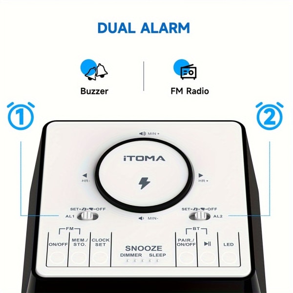 Trådlös laddning av väckarklockaradio, med Bluetooth högtalare, FM-radio vid sängen, dubbla larm med snooze, USB laddning, nattljus och dimbar display