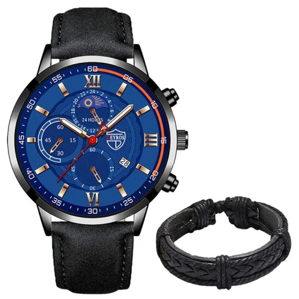 2ST Set Mode Herr Sportklockor Man Business Läderarmband Quartz Watch Lyx Herr Casual Luminous Clock Reloj Hombre Black Blue