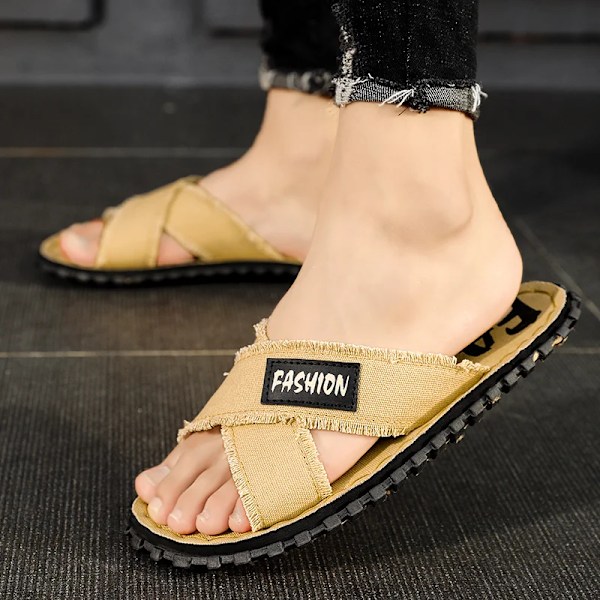 Män Sommaren Canvas Tofflor Mode Tyg Hem Mäns Tofflor Utomhus Gummi Platt Män Sandaler Casual Slides House Floor Toffpare Black 40