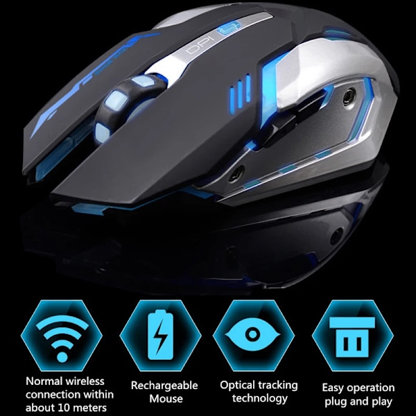 Azzor Trådlöst Gaming Mouse Uppladdningsbar 7-Färg Luminous Backlight Breath Comfort Gamer För Dator Desktop Laptop Inte Ebook Pcname BLACK