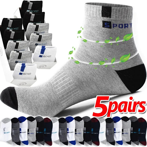 Bomull Sock För Män Sport Andningsbart Mjuk Bokstäver Mode Sneakers Hög Elastisk Medelrör Stocking Handduk Sox Sommar Löpning 5Pairs EU39-45