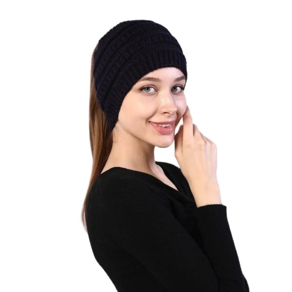 Nya kvinnor Höst Vinter Hästsvans Beanie Hat Enfärgad Lady Stretch Stickad Virkad Beanies Hat Cap för kvinnor beige One Size