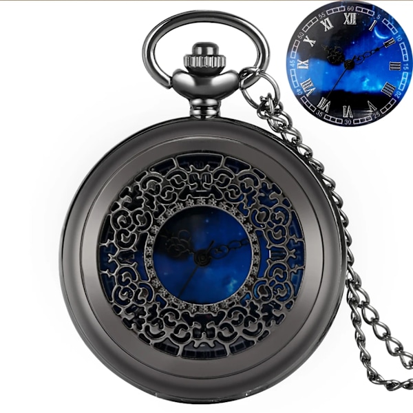 Exquise Starry Blue Dial Hänge Bronze ihålig Case Quartz Fickur Romerska Siffror Retro Klockor Souvenir Present för Män Kvinnor Black 80cm Chain