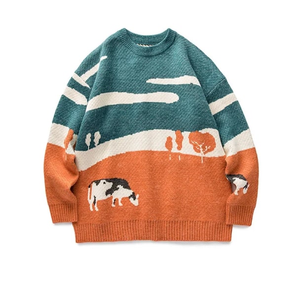 2021 Nya Gröna Ängs Mjölk Ko Rund Hals Tröja Mäns Trendy Varumärke Style Pullover Hong Kong Style Färgblock Sticka Överst Orange Green M