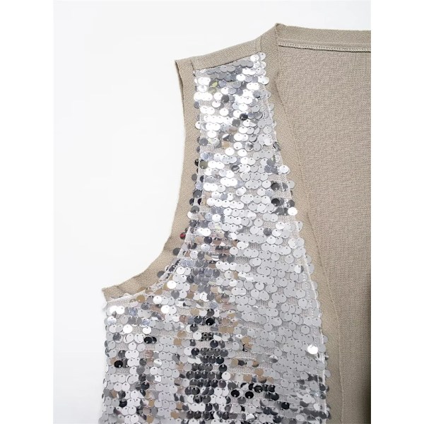 Zevity Kvinder Euro V-hals Sequined Design Patchwork Vest Jakke Dame Ærmeløs Åben Syning Casual Retro WaistCoat Tops CT6229 BB CT6229 M