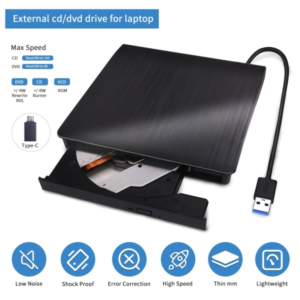 Extern USB 3.0 Type-C DVD-enhet: Bärbar DVD-spelare för bärbar dator, CD/DVD +/-RW-brännare för Windows, Linux, för MacBook - Perfekt påskpresent! Black