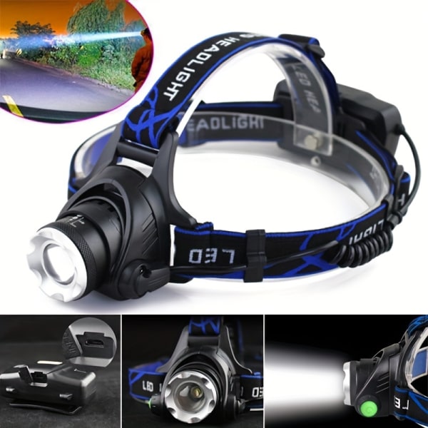1 st USB uppladdningsbar LED-strålkastare, superljus strålkastare med 3 lägen, zoombar, vattentät pannlampa för campingjakt (batteri ingår ej) Blue Black