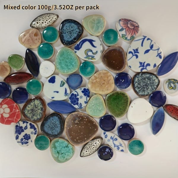1 förpackning 100 g/3,52 OZ Keramisk Liberty Stone Mosaikfragment Oregelbunden formad blå blomma porslinsark Handgjorda collage små kakeldekorer Mixed Color-A