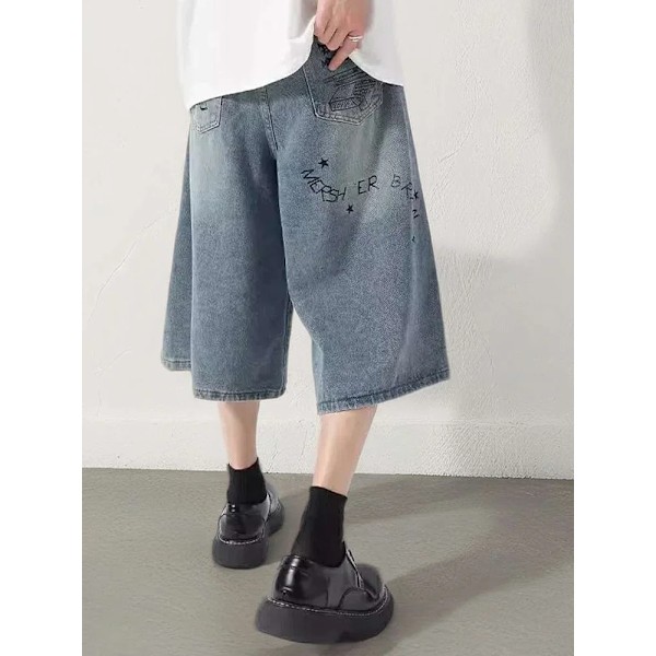 Sommer Mænd Shorts Hip Hop Lommer Rak Bred Længde Mand Malede Harajuku Jeans Baggy Loose Cool Streetwear Korte Bukser Blue XXL