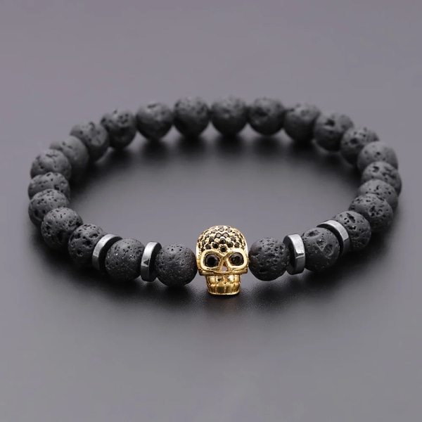 Black Eye Skull Hematite Bead Armband Herr Klassisk Handgjord 8mm Lava Stone Charm Armband För Män Smycken Present