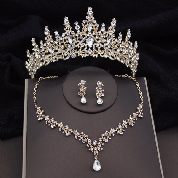 Lyx Silver Färg Kristall Vattendroppe Bröllopssmycke Set Strass Tiaror Kron Halsband Örhängen Bröllop Dubai Smyckes Set CS-007