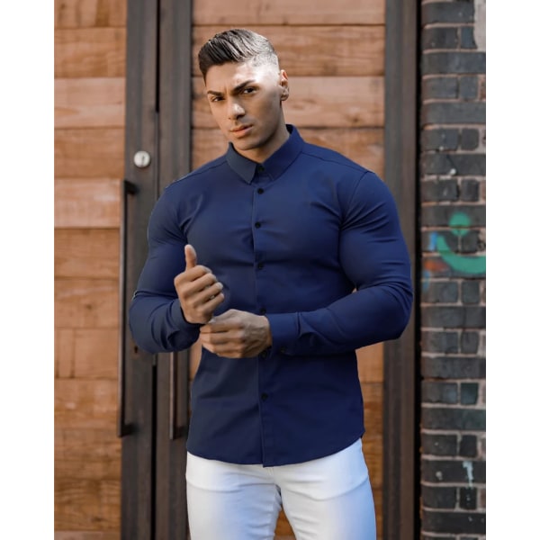 Höstmode Långärmad skjorta Herr Super Slim Fit Man Casual Social Business Klänning Skjorta Herr Fitness Sportkläder Blue XXL