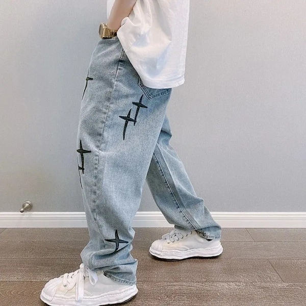 Hösten Nya Män Prints Streetwear Baggy Bred Ben Jeans Koreanska Y2k Byxor Hana Drapes Rak Casual Loose Denim Lastbyxor Dark-Blue S