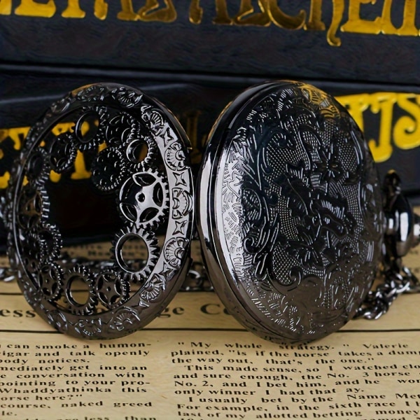 Vintage Black Hollow Gear Design Halsbandshänge för män och kvinnor, watch Black