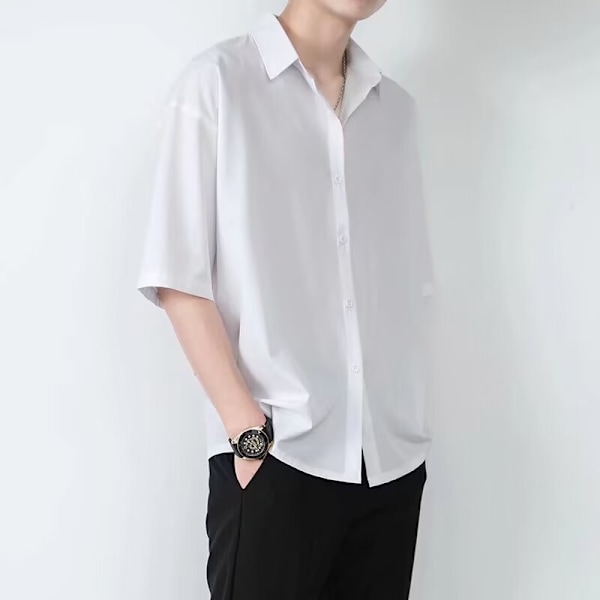 Ice Silk Skjorta Män Kort Ärm Sommar Trend Män Casual Rock Hög Grad Känsla Av Plankton Stilig Fem- Kvartär Ärm Svart Skjjorta Grey S