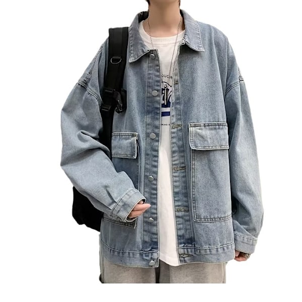 Polo Collar Jacket Mäns Höst Och Vinter Nya Koreanska Style Loose Teen Trendy Denim Coat Fashion Brand Fleece-Lined Förtjocka Mänkläder Blue Pile XXXL