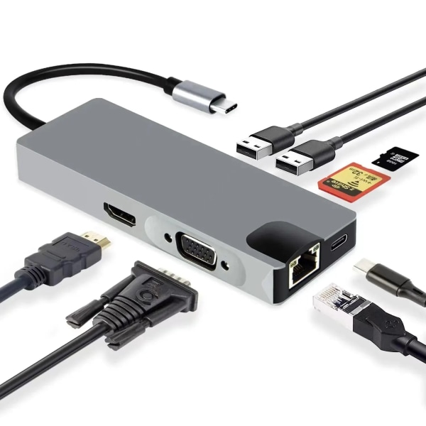 Airies de type C vers Rj45 4K-kompatibel HDMI, Vga, USB 3.0, 2.0, ladda USB C, carte SD TF, S6, Macbook, ISub, ordinateur bärbar Samsung GRAY