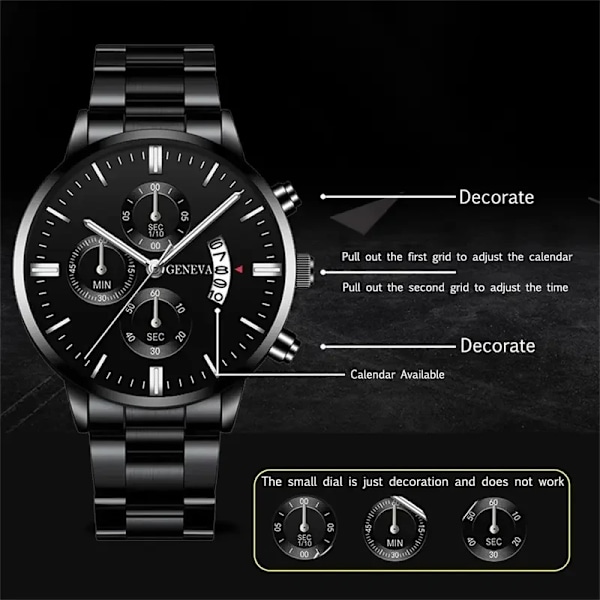 Fashion Mens Klockor Lyx Svart Rostfritt Stål Kvarts Armbandsklocka Man Business Watch För Män Kalender Klocka Reloj Hombre Black Silver