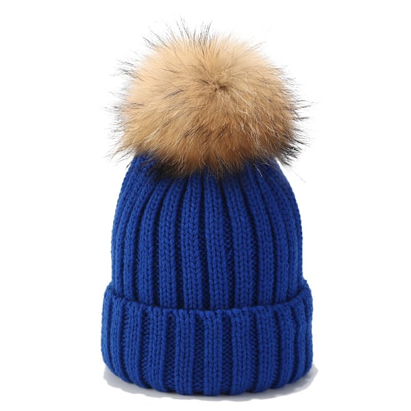 Ins New Big Fur Ball Hat Män Och Kvinnor Höst Och Vinter Utomhus Allt-Matcher Raccoon Riktiga Fur Ball Stickade Hat Varm Förälder-Chi Ld Hatt Blue Children (52-55Cm)