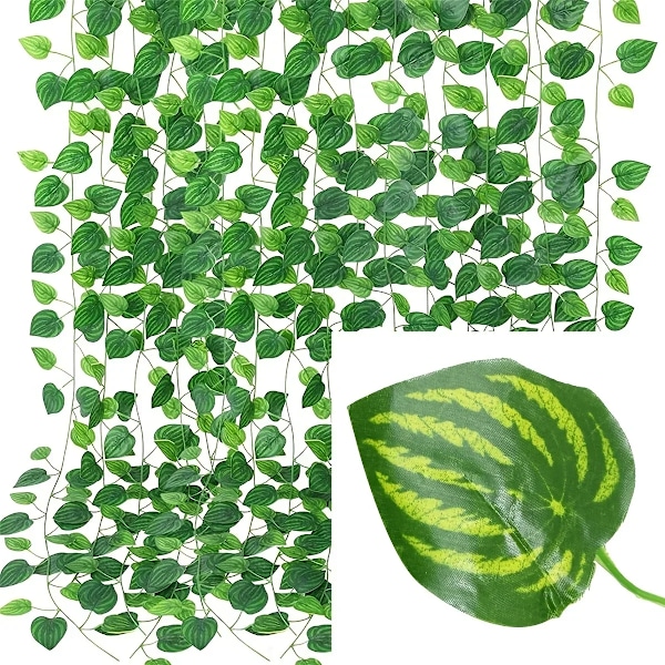 Kunstig Grøn Ivy Blad Rattan Ranke Blade Vine Hængende Girland DIY Falske Blomster Planter til Have Bryllup Fest Hjem Dekoration Watermelon Leaves 10M (5 String)