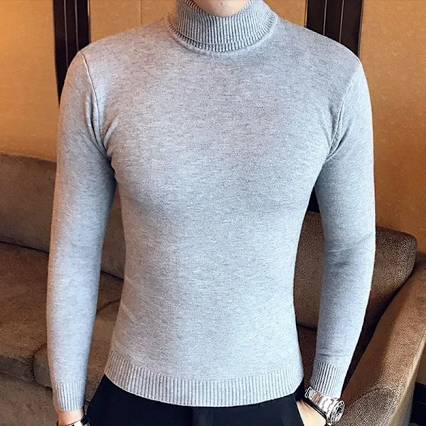 Ny Mænds Høj Hals Trøje Solid Farve Pullover Strikkede Varm Casual Turtlenecks Svedtrøje Woolen Mænd Vintern Toppe Udendørs. G01  grey XL75-85kg